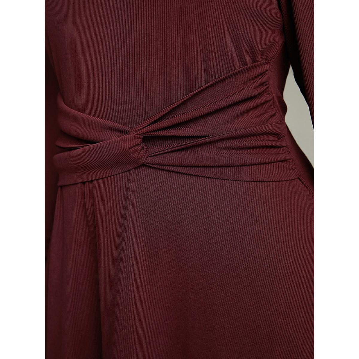 Plus Size Solid Rib Knit Crew Neck Twist Front Dress Burgundy Women Casual Plain Round Neck Long Sleeve Curvy Midi Dress BloomChic 22-24/3X Product Image
