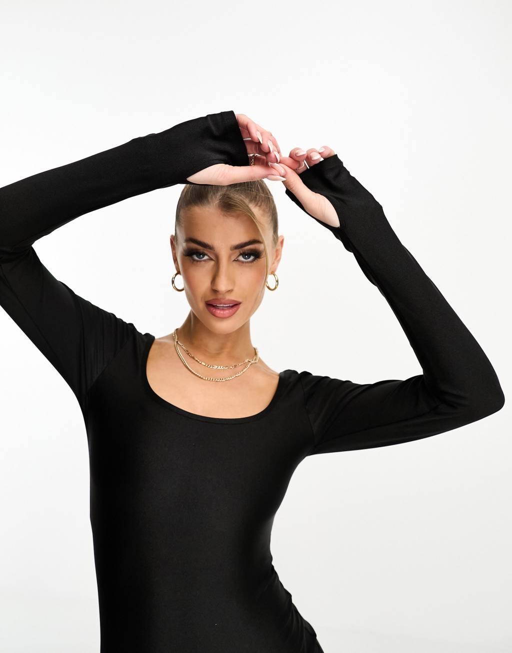 ASOS DESIGN glossy unitard romper with thumb holes Product Image