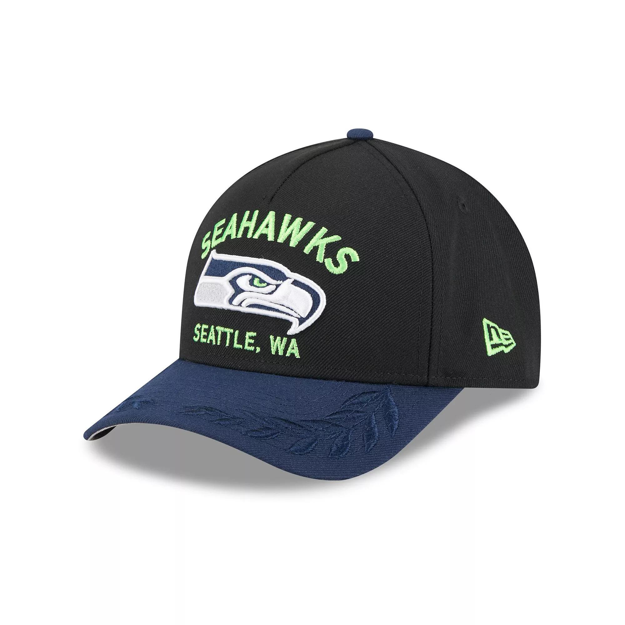 Men's New Era Black/College Navy Seattle Seahawks 2025 NFL Draft 9FORTY A-Frame M-Crown Adjustable Hat Product Image