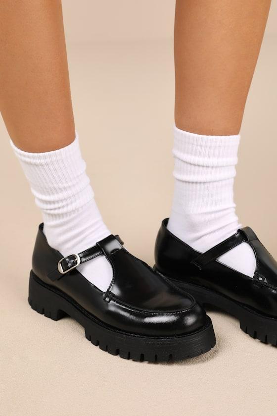 Leona Black Leather T-Strap Loafers Product Image