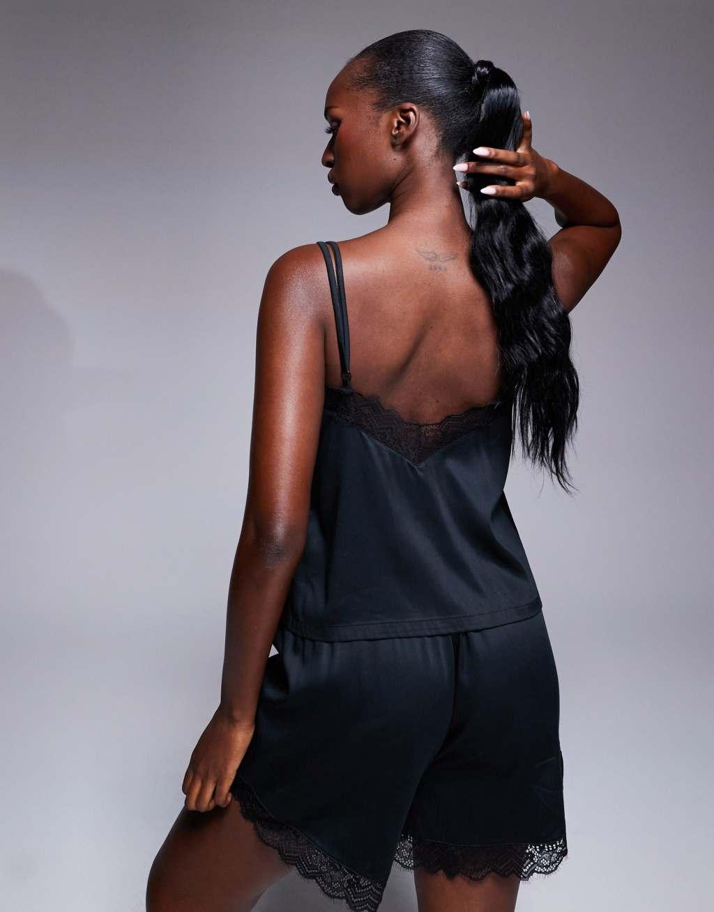 HUGO Bodywear satin lace trim pajama cami top in black - part of a set Product Image