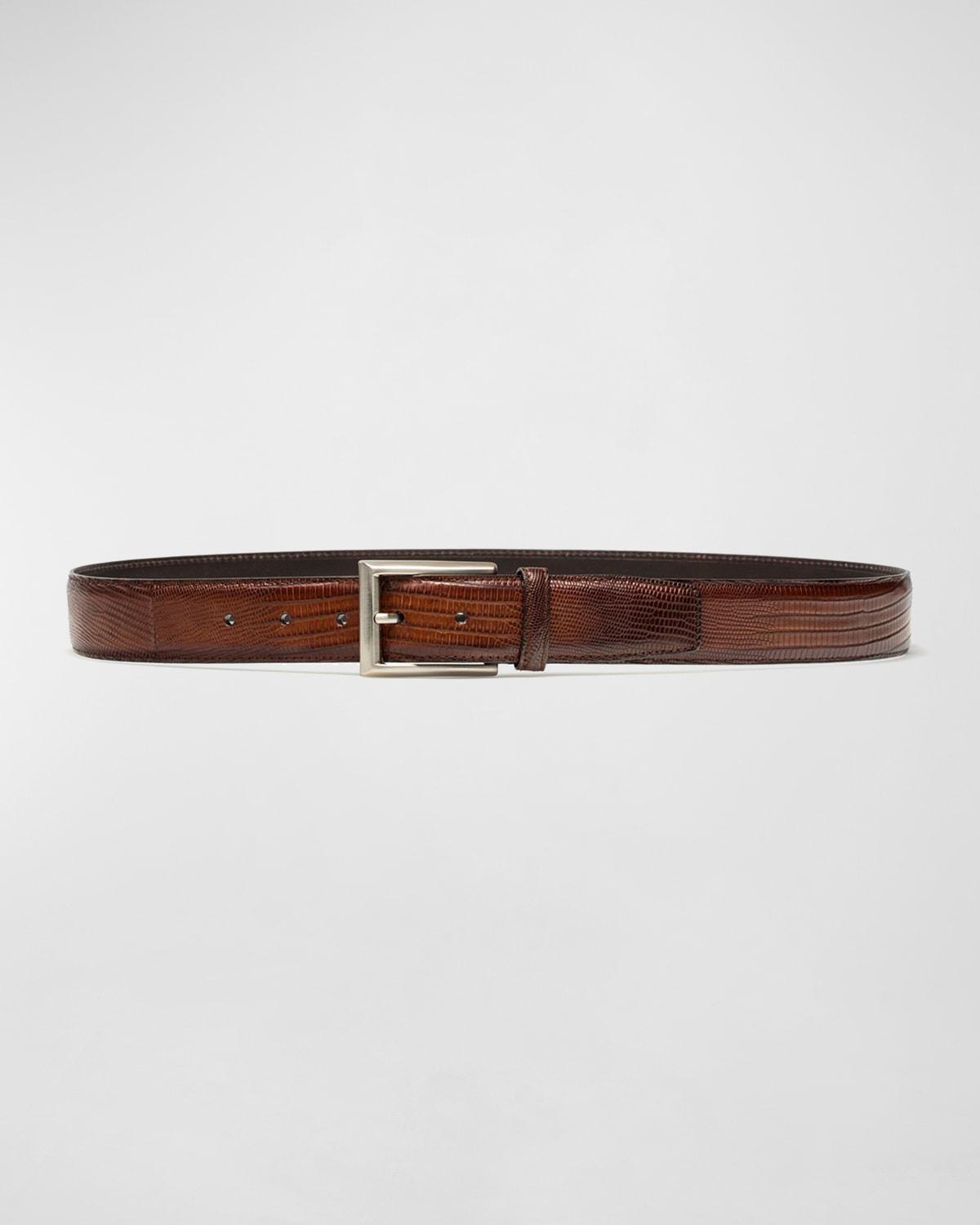 Mens Lizard Silvertone-Buckle Belt, Cognac Product Image