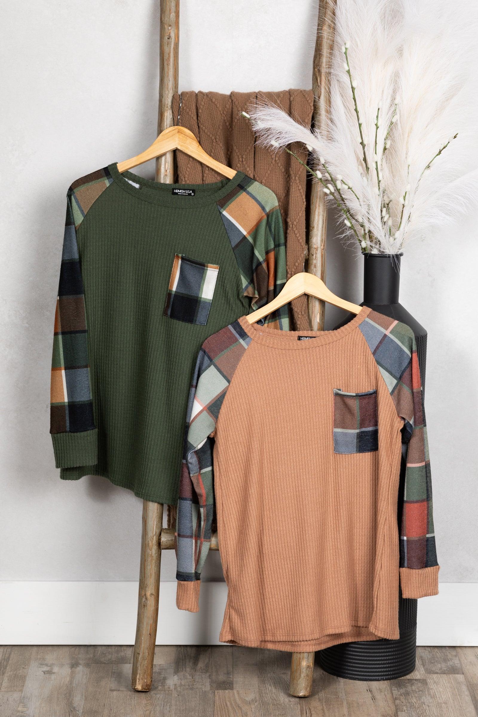 Waffle And Plaid Knit Top With Pocket Product Image
