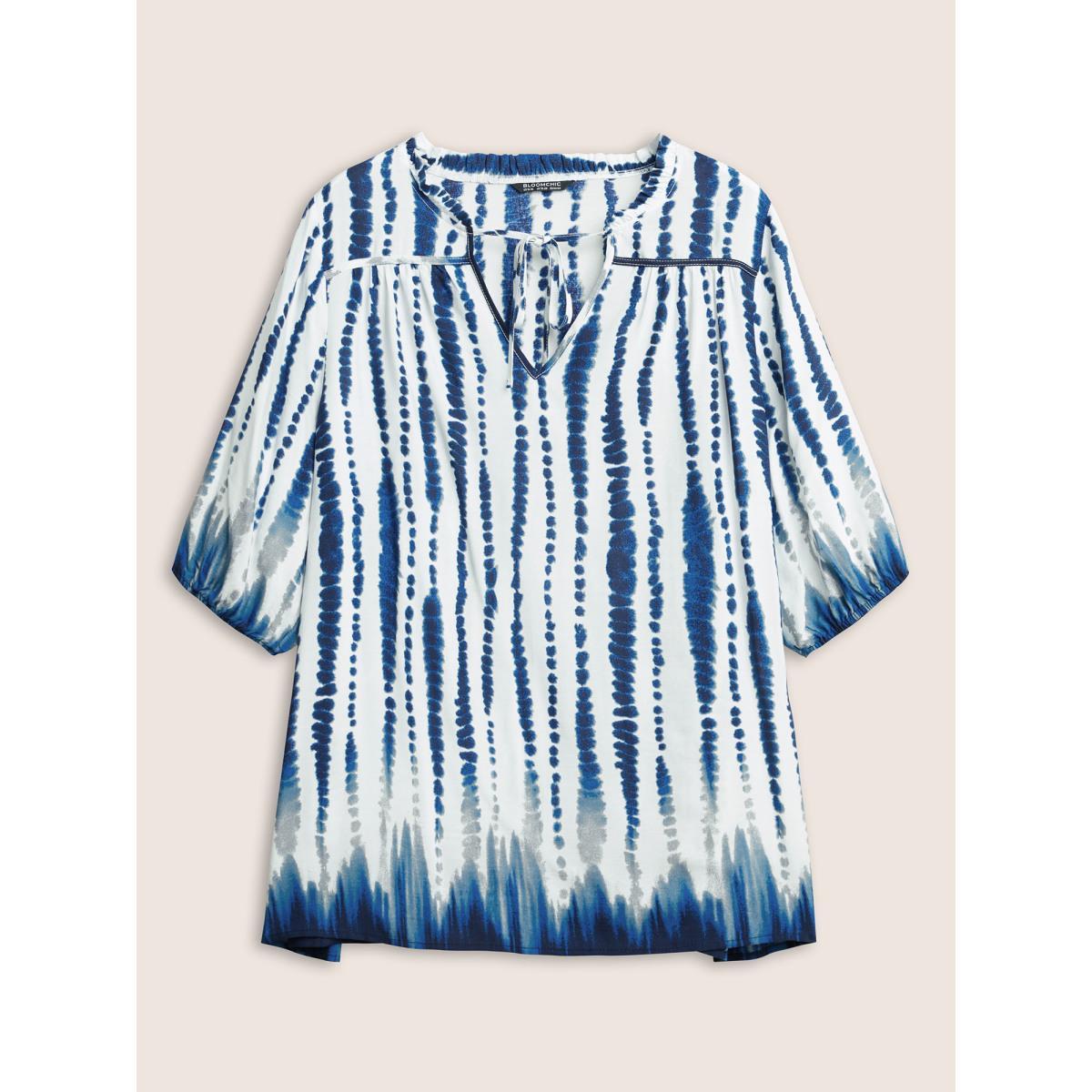 Plus Size DarkBlue Tie Dye Tie Neck Frill Trim Blouse Women Resort Half Sleeve Notched collar Vacation Blouses BloomChic 10/M Product Image