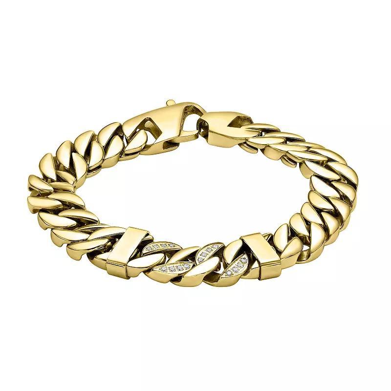 LYNX Men's Stainless Steel Curb Chain Bracelet with Cubic Zirconia Accents, Size: 8.5" Product Image