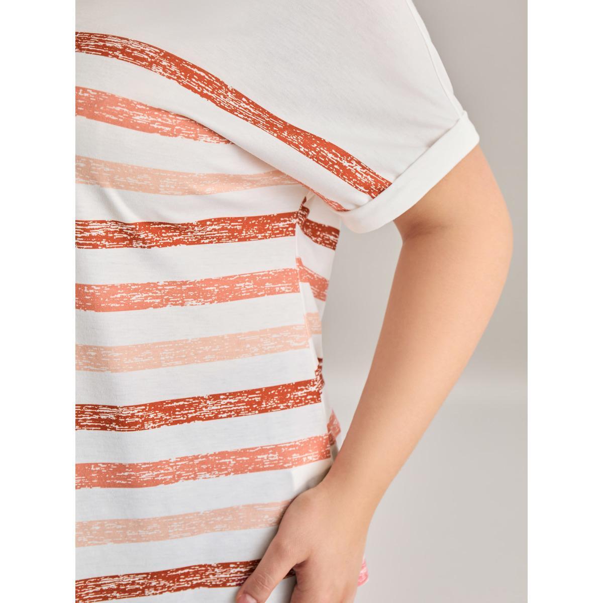 Plus Size Colorful Stripes Stretchy Crewneck T-Shirt WhiteSmoke Women Contrast Round Neck Everyday-Casual T-shirts BloomChic 26/4X Product Image