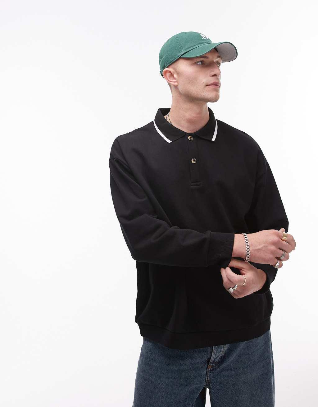 Topman oversized fit polo sweatshirt with tipped collar in black Product Image