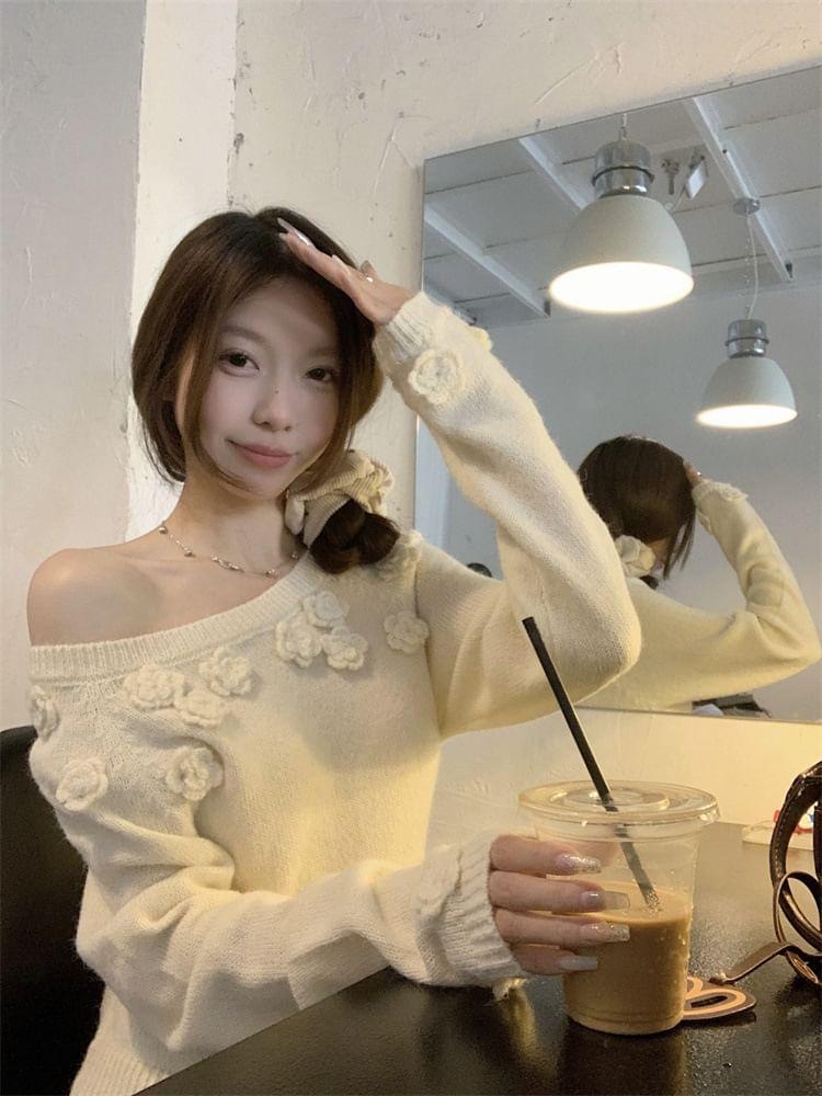 Boat Neck Flower Accent Sashed Sweater Product Image