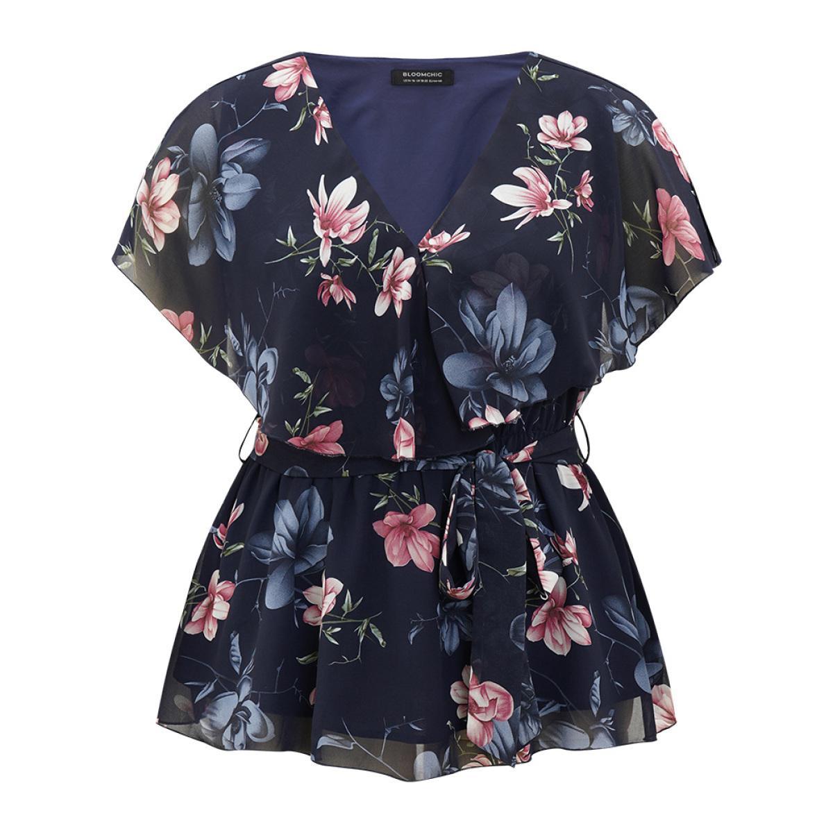 Plus Size Multicolor Floral Split Batwing Sleeve Wrap Mesh Belted Blouse Women Glamour Cap Sleeve Deep V-neck Going out Blouses BloomChic 10/M Product Image