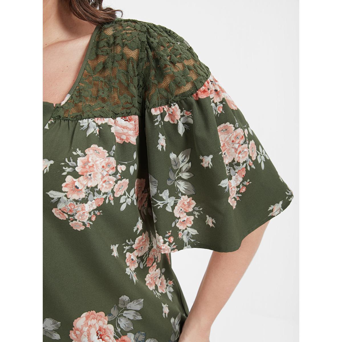 Plus Size Green Floral Contrast Lace Knotted Side Ruffled Blouse Women Elegant Half Sleeve V-neck Dailywear Blouses BloomChic 30/6X Product Image