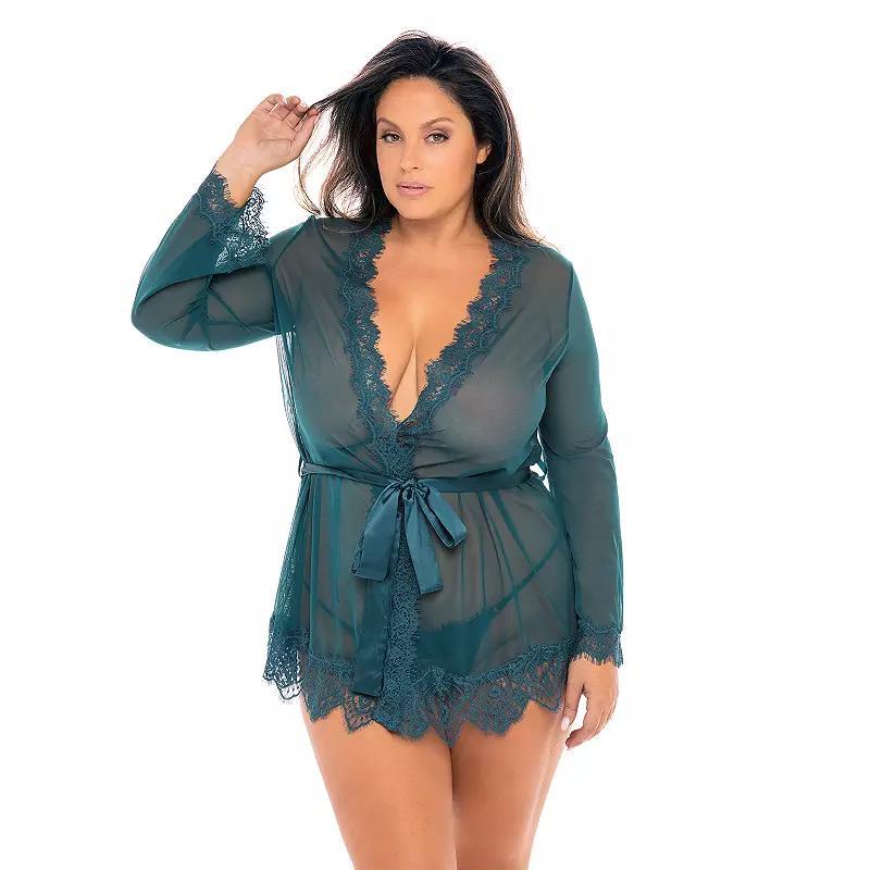 Plus Size Oh La La Cheri Provence Eyelash Lace Robe & G-String Set 94-11136X, Women's, Size: 3XL-4XL, White Product Image