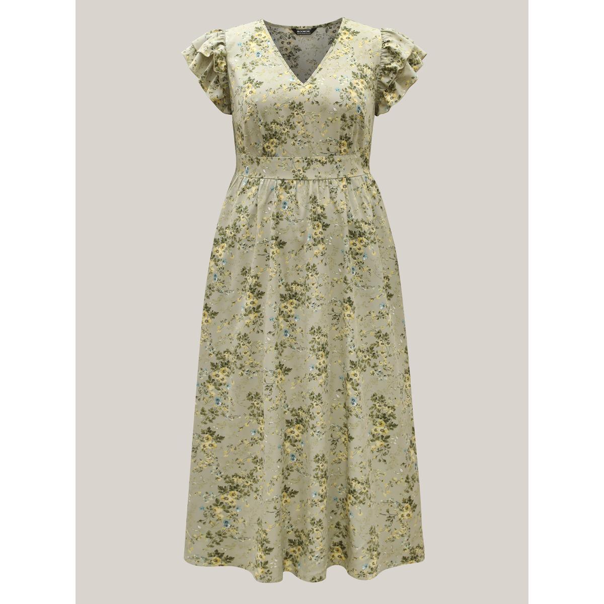 Plus Size Breezy Floral Print Flutter Sleeve Maxi Dress Sage Women V-neck Short sleeve Curvy BloomChic 14-16/1X Product Image