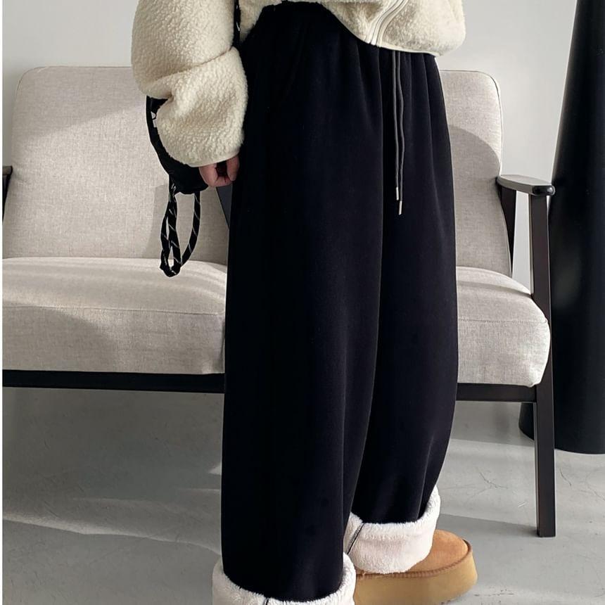 Drawstring Waist Plain Fleece Lined Wide Leg Sweatpants Product Image