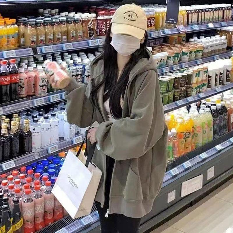 Plain Zip-Up Hoodie Product Image