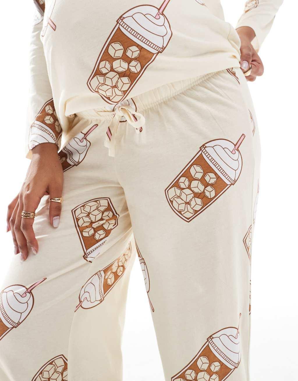 ASOS DESIGN Maternity Iced coffee long sleeve top and pants pajama set in beige Product Image