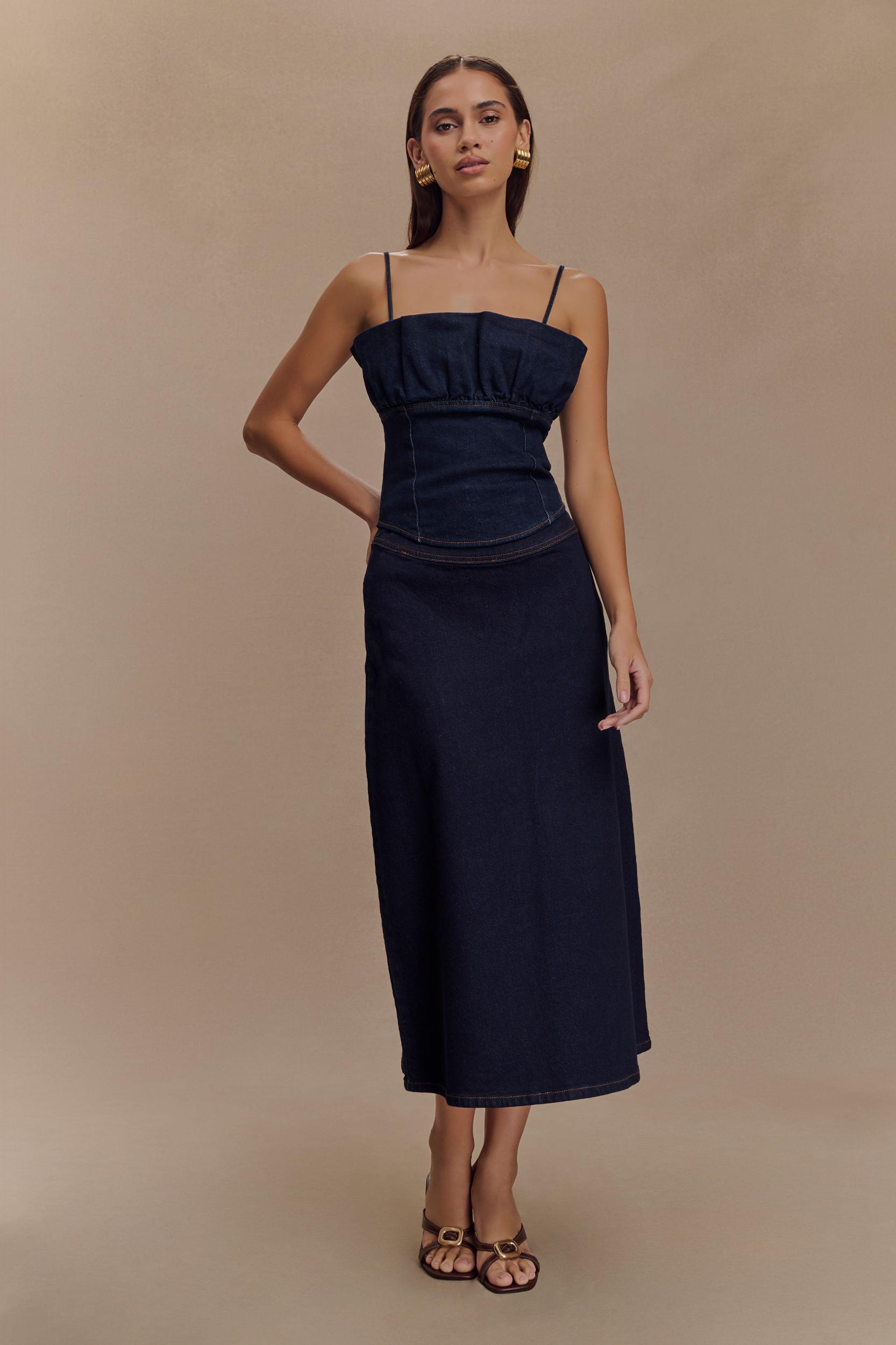 Cecilia Denim A-Line Midi Skirt - Indigo Blue Product Image