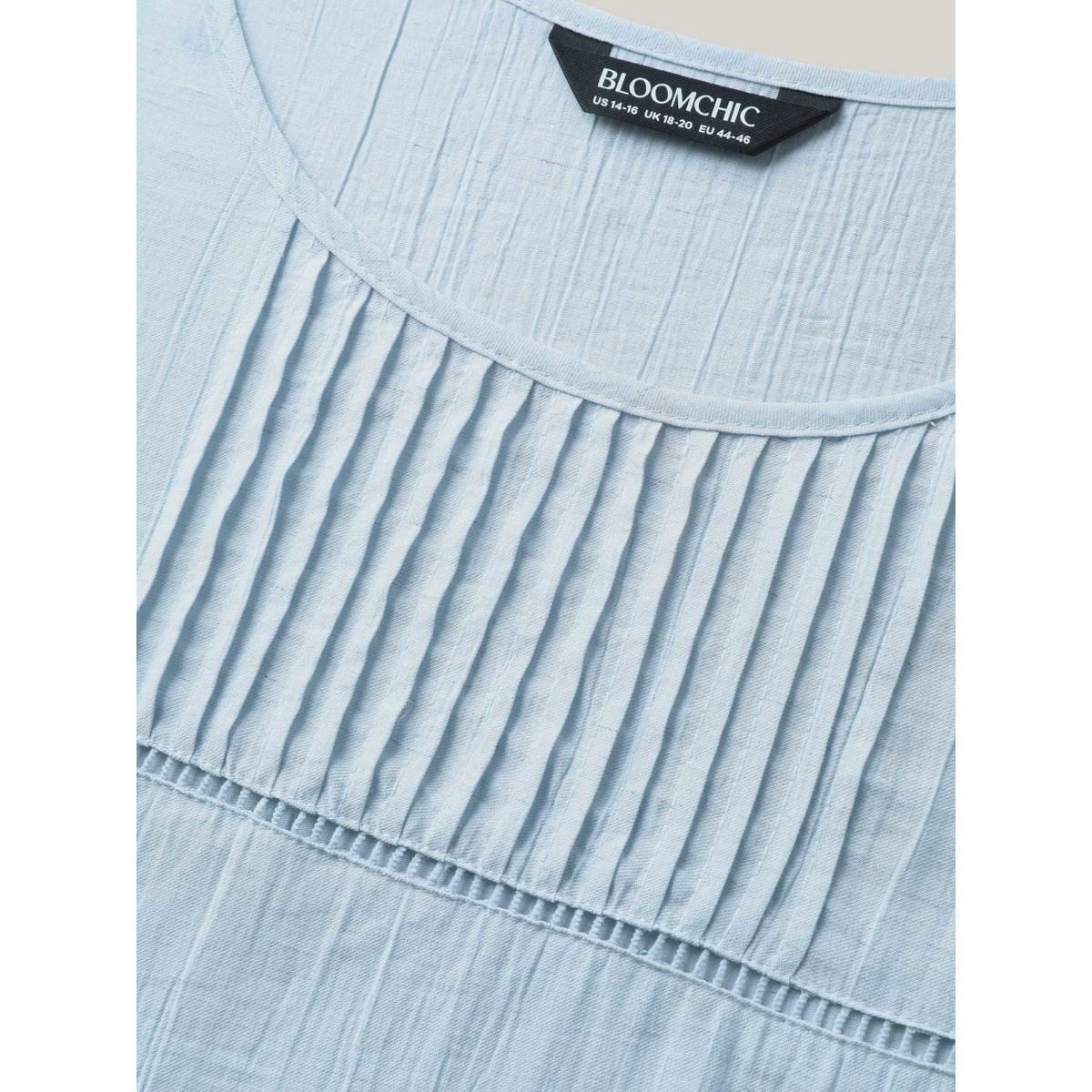 Plus Size LightBlue Supersoft Cotton Linen Blend Ruffled Blouse Women Cap Sleeve Round Neck Vacation Blouses BloomChic 30/6X Product Image