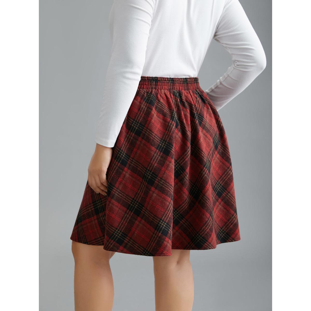 Plus Size Plaid Pattern Elastic Waist A-line Mini Skirt Women Scarlet Elegant Low stretch Slanted pocket Everyday Skirts BloomChic 26/4X Product Image