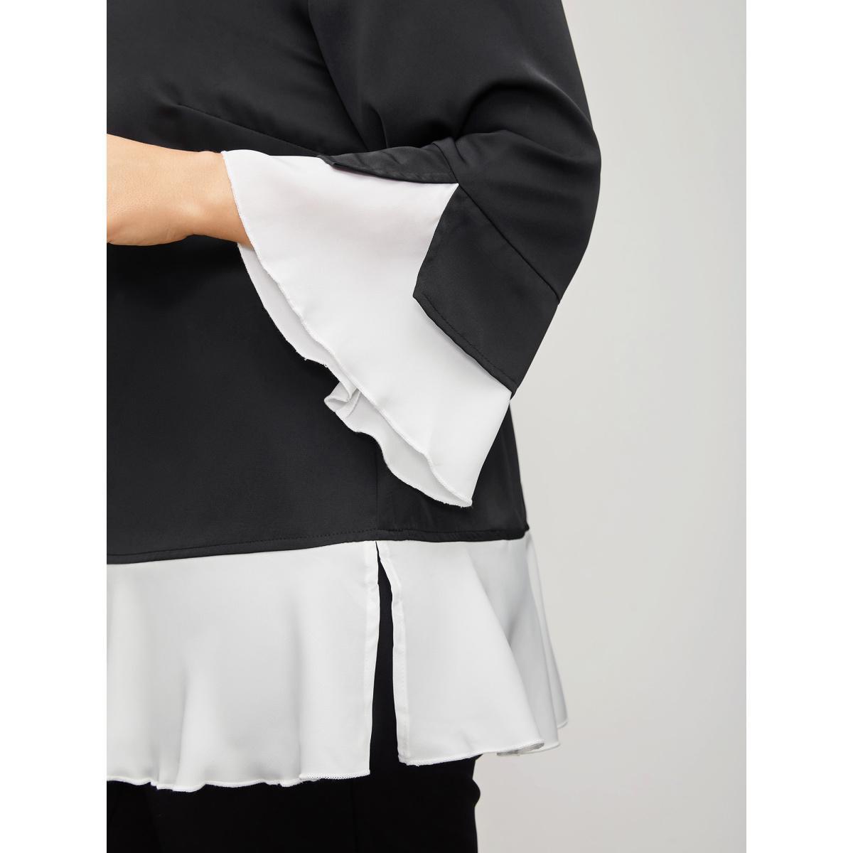 Plus Size Black Contrast Patchwork Bell Sleeve Blouse Women Elegant Elbow-length sleeve Round Neck Everyday Blouses BloomChic 30/6X Product Image