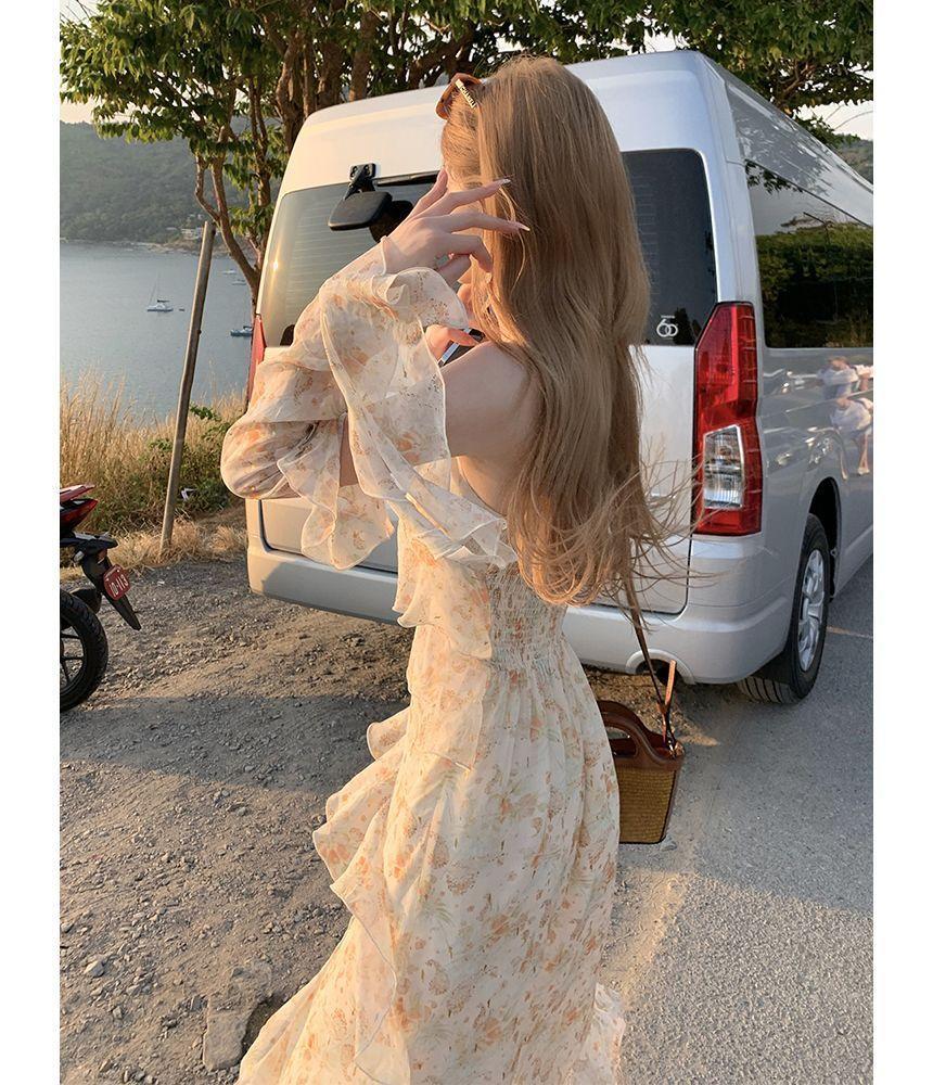 Cold-Shoulder Floral Ruffle Asymmetrical Midi Sundress Dress Product Image