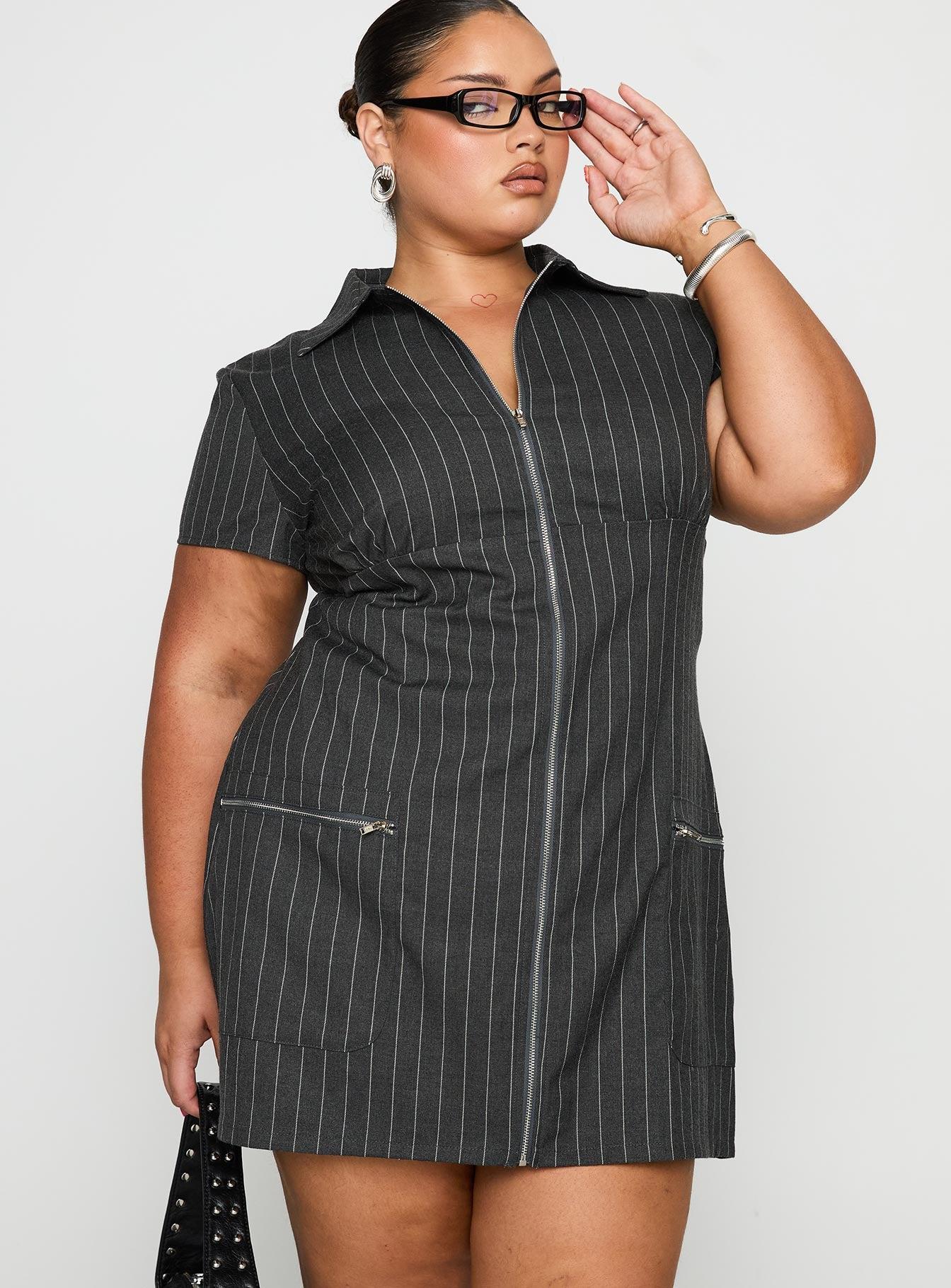 Wynona Mini Dress White / Grey Pinstripe Curve Product Image