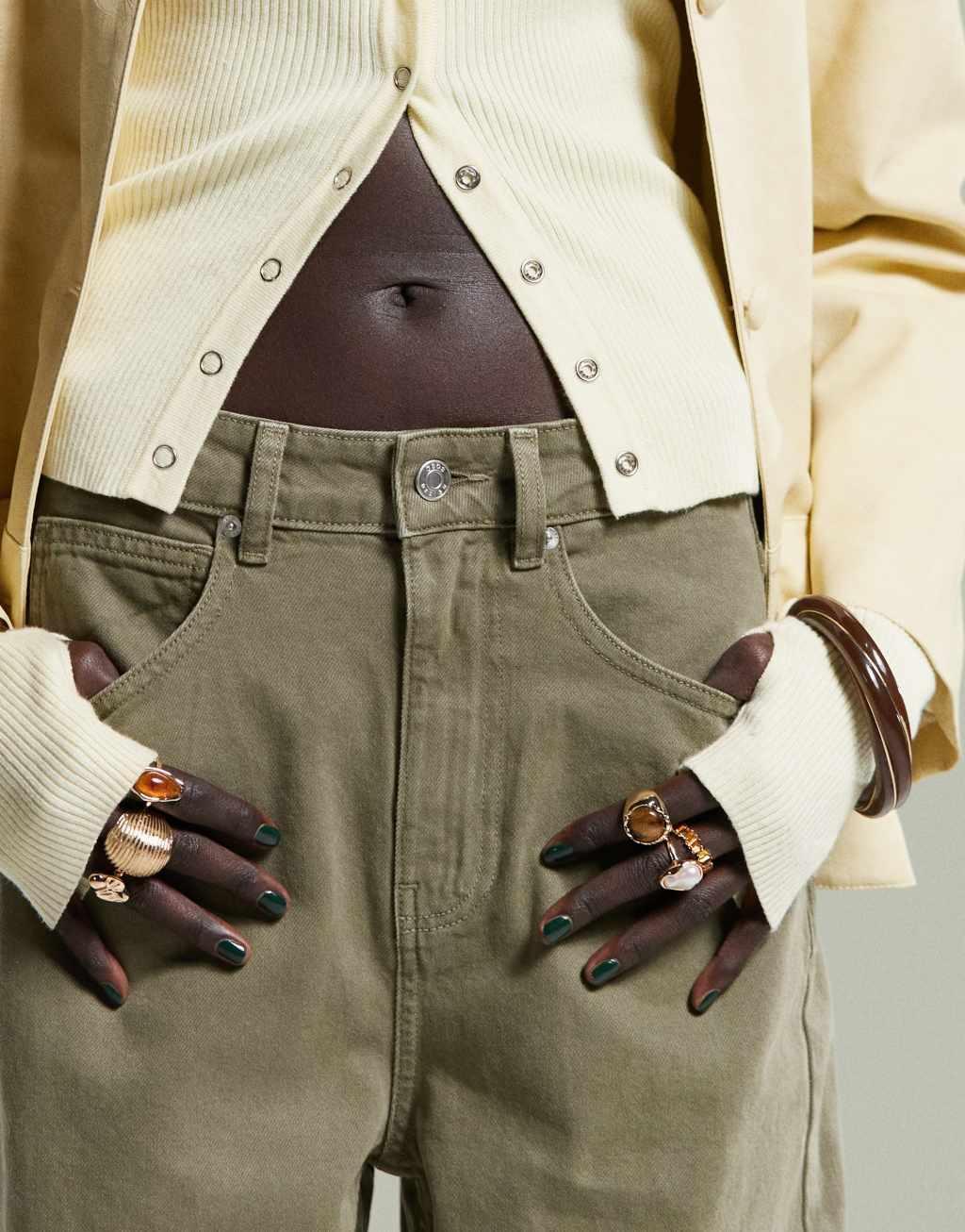 ASOS DESIGN high waisted barrel leg jeans in khaki Product Image