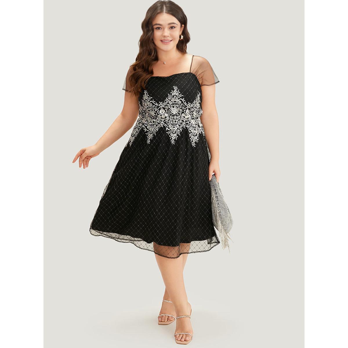 Plus Size Embroidered Pocket Mesh Patchwork Tank Dress Black Women Glamour Texture Square Neck Sleeveless Curvy Midi Dress BloomChic 26/4X Product Image