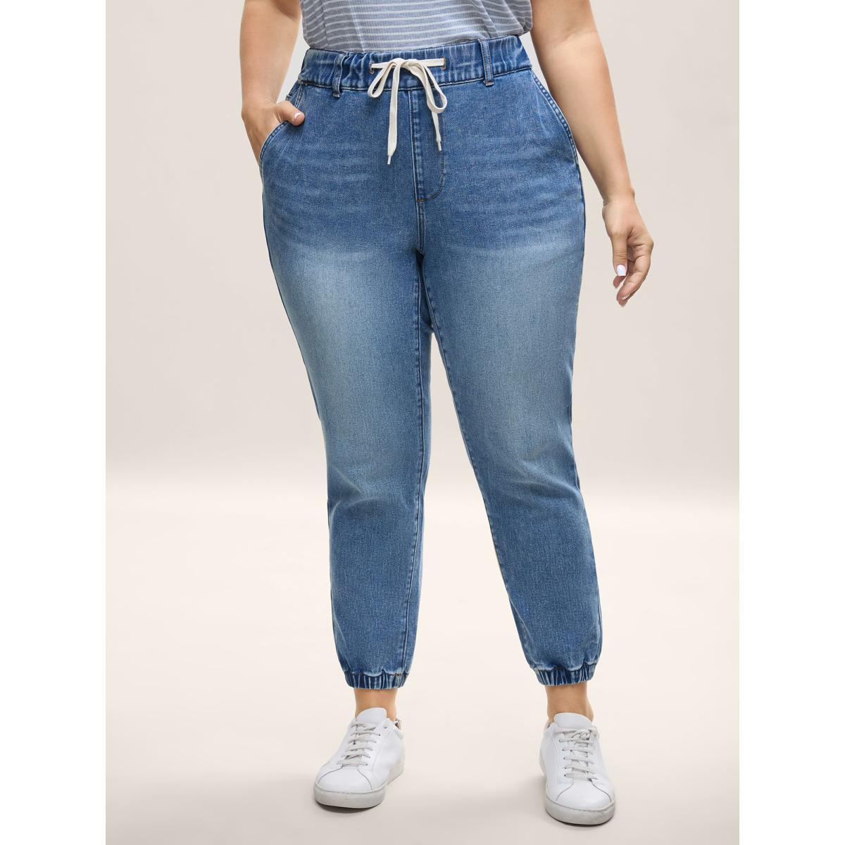 Plus Size Drawstring Waist Jogger Boyfriend Jeans Women Midblue Medium stretch Slanted pocket Jeans BloomChic 24/3X Product Image
