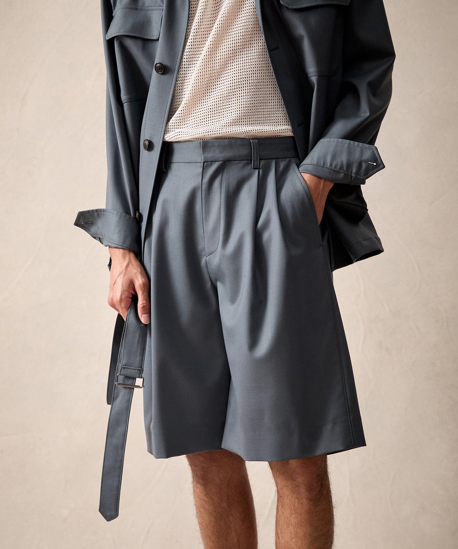 Italian Gabardine Belted Short in Steel Blue Product Image