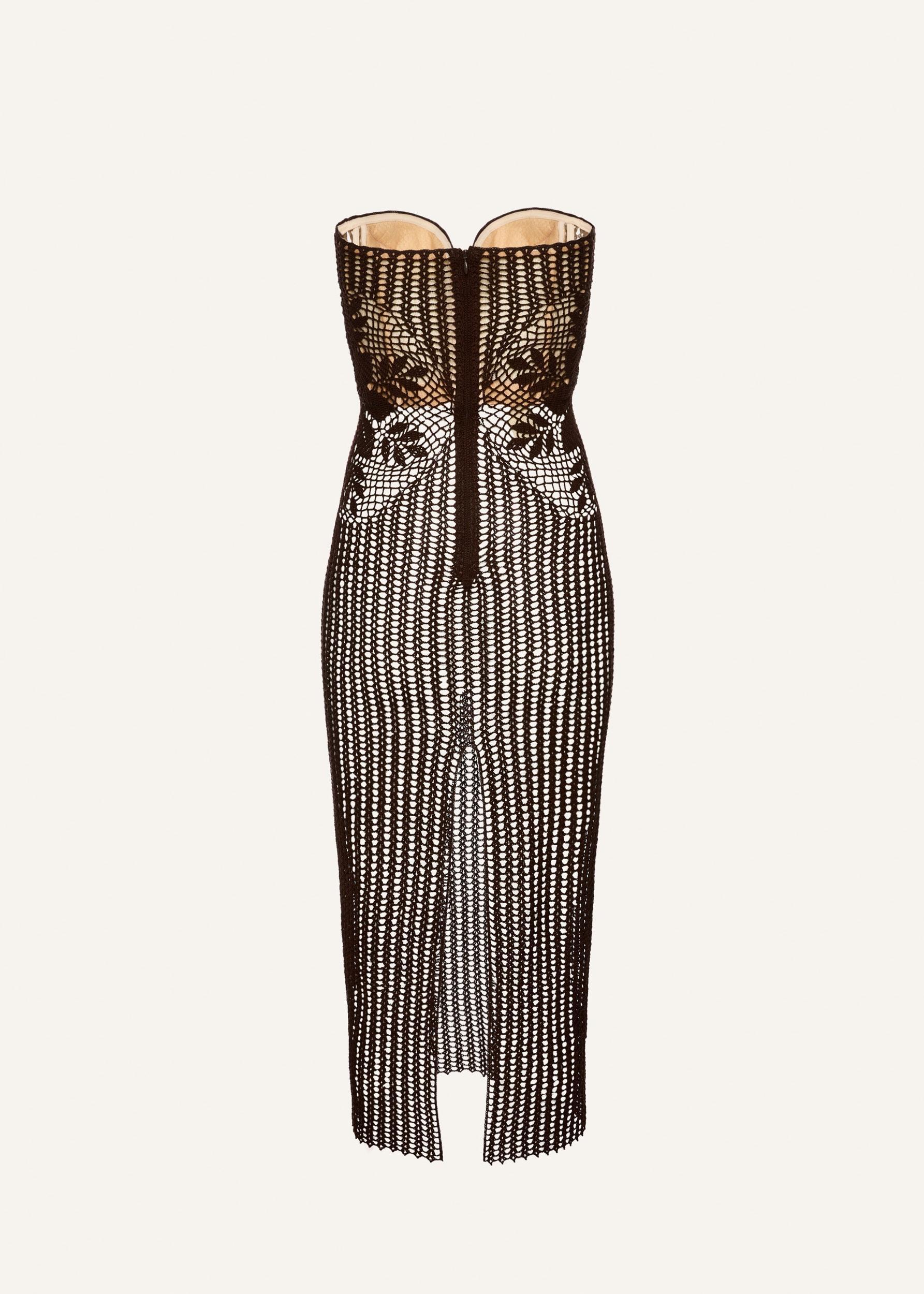 Strapless lace crochet bustier dress in brown Product Image