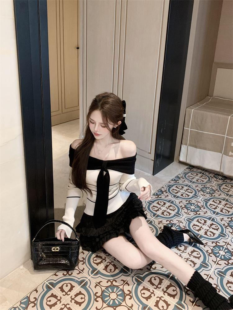 Long-Sleeve Off-Shoulder Striped Bow Accent Slim Fit Knit Top Product Image