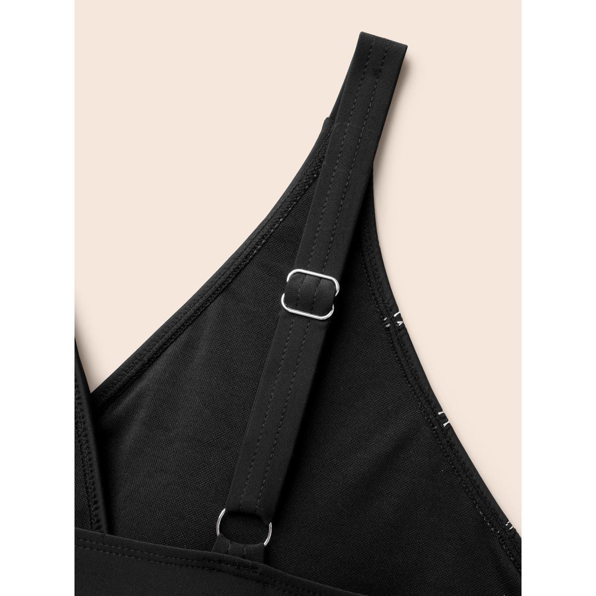 Plus Size Embroidered Surplice Neck Adjustable Swim Top Women's Swimwear Black Beach High stretch Skinny Overlap Collar Curve Swim Tops BloomChic 18-20/2X Product Image