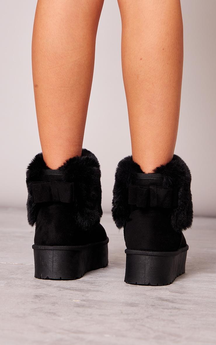 Black Faux Suede Contrast Faux Fur Bow Cleated Ankle Platform Boots Product Image