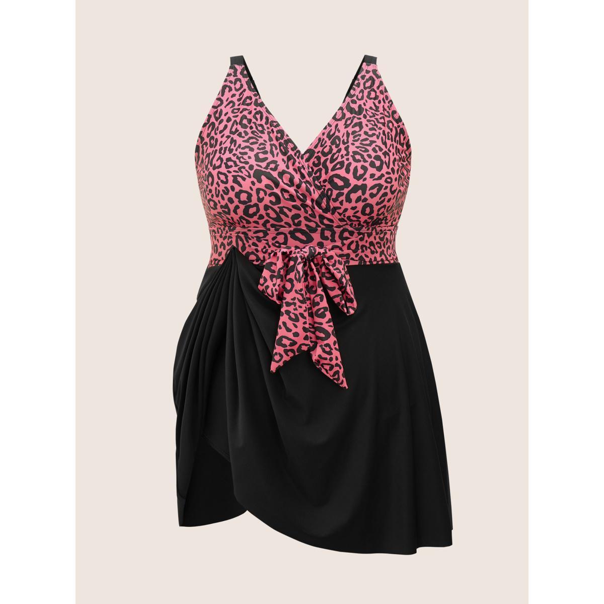 Plus Size Leopard Print Patchwork Tie Knot Swim Dress Women's Swimwear Leopard Beach Bodycon Overlap Collar High stretch Curve Swim Dresses BloomChic 28/5X Product Image