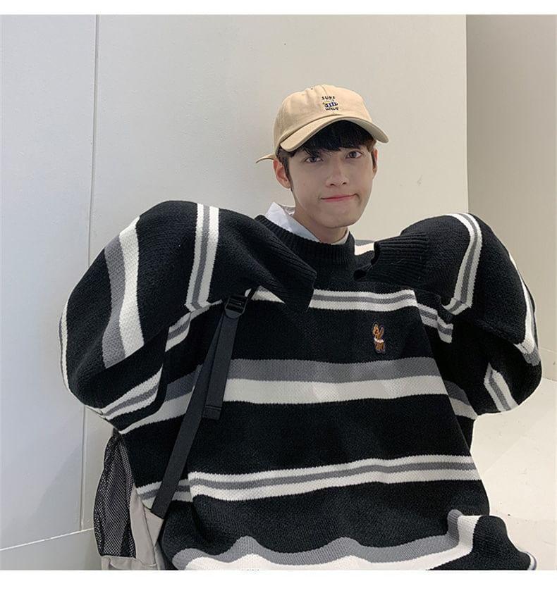Round Neck Striped Embroidered Oversized Sweater Product Image