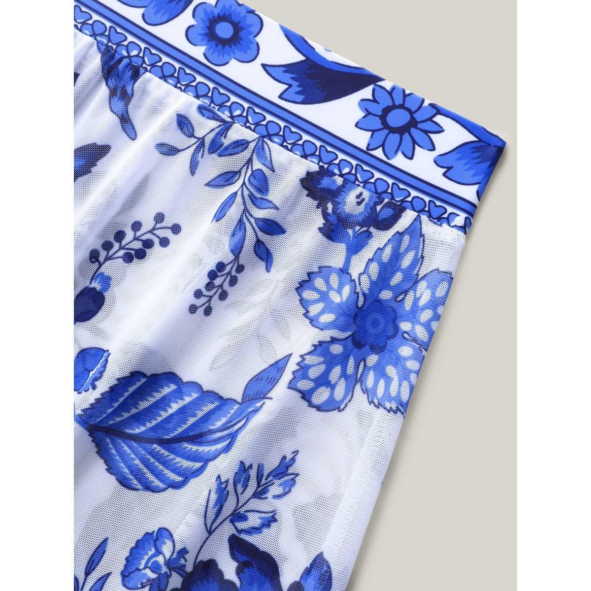 Plus Size Two-Piece Floral Print Ruched Mesh Swimsuit, Sarong Women's Swimwear Indigo Beach Gathered Curve Bathing Suits High stretch One Pieces BloomChic 22-24/3X Product Image