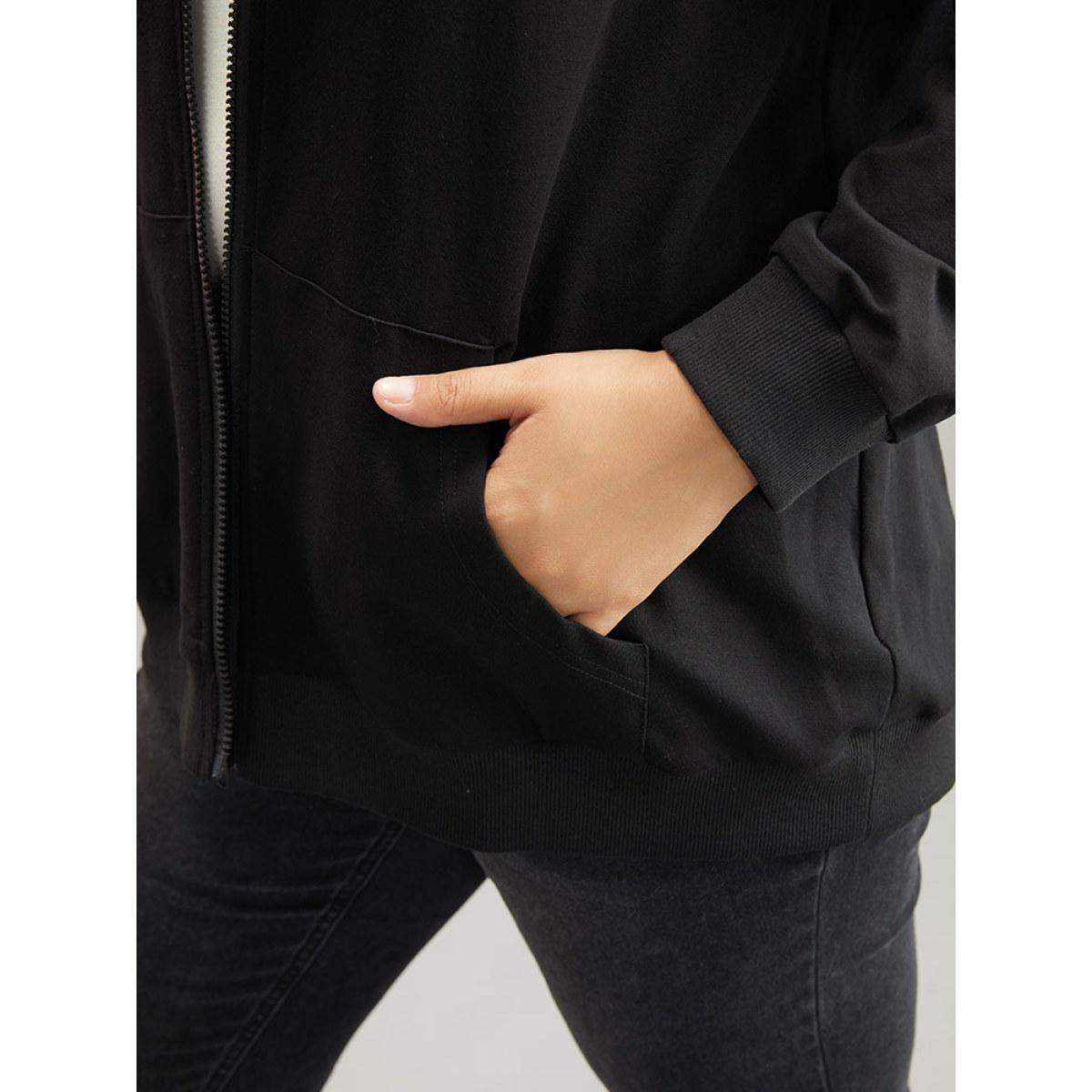 Plus Size Cotton Solid Pocket Hooded Sweatshirt Women Black Casual Elastic cuffs Hooded Dailywear Sweatshirts BloomChic 12/L Product Image