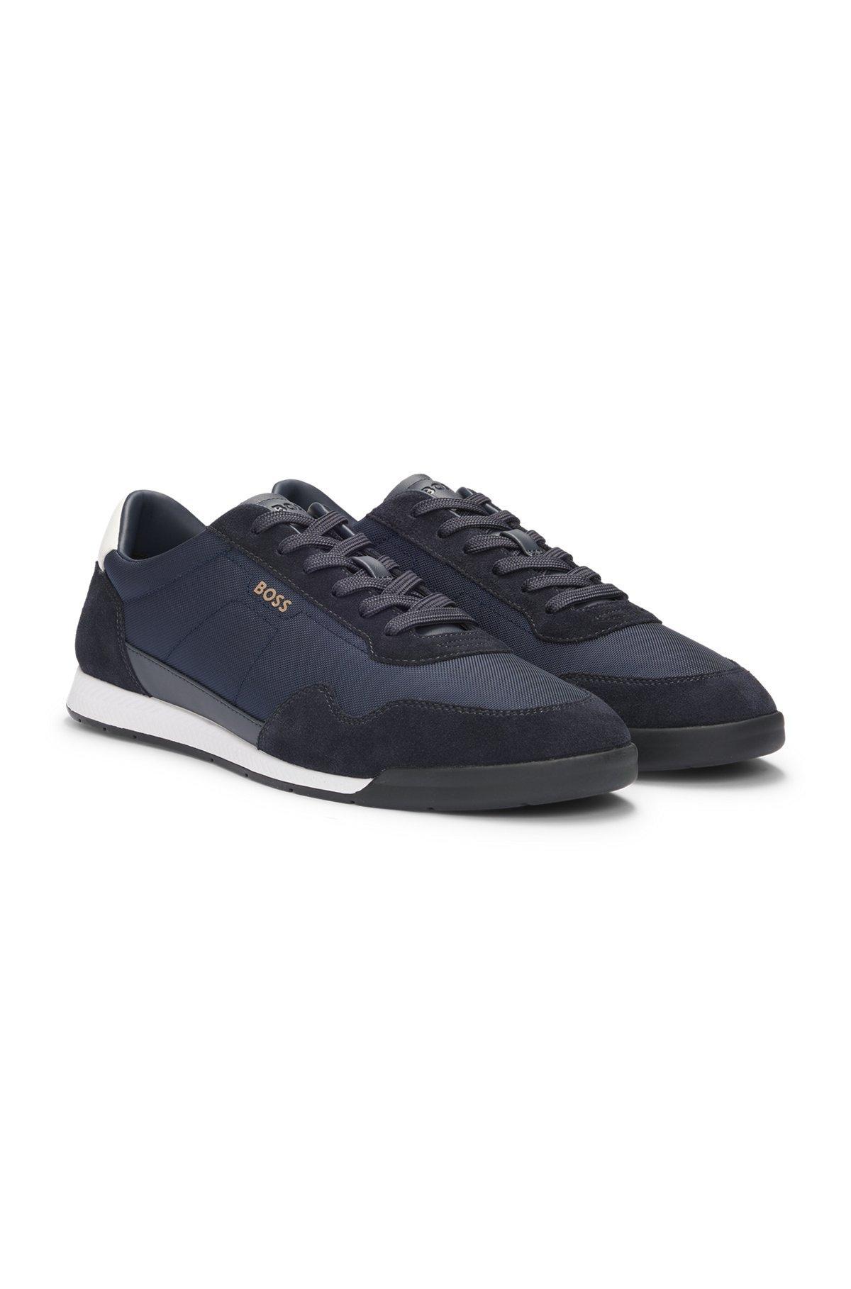 Mixed-material lace-up trainers with suede trims Product Image