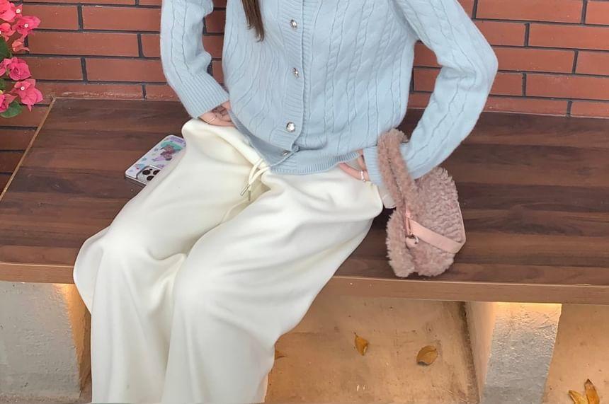 Fluffy Trim Cable Knit Cardigan Product Image