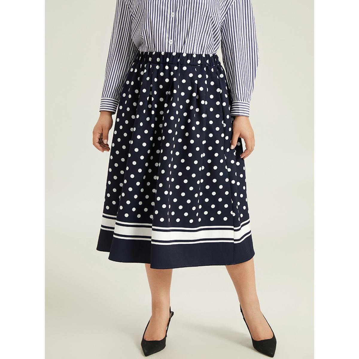 Plus Size Polka Dot Elastic Waist Contrast Skirt Women Indigo Office A-line No stretch Pocket Work Skirts BloomChic 28/5X Product Image