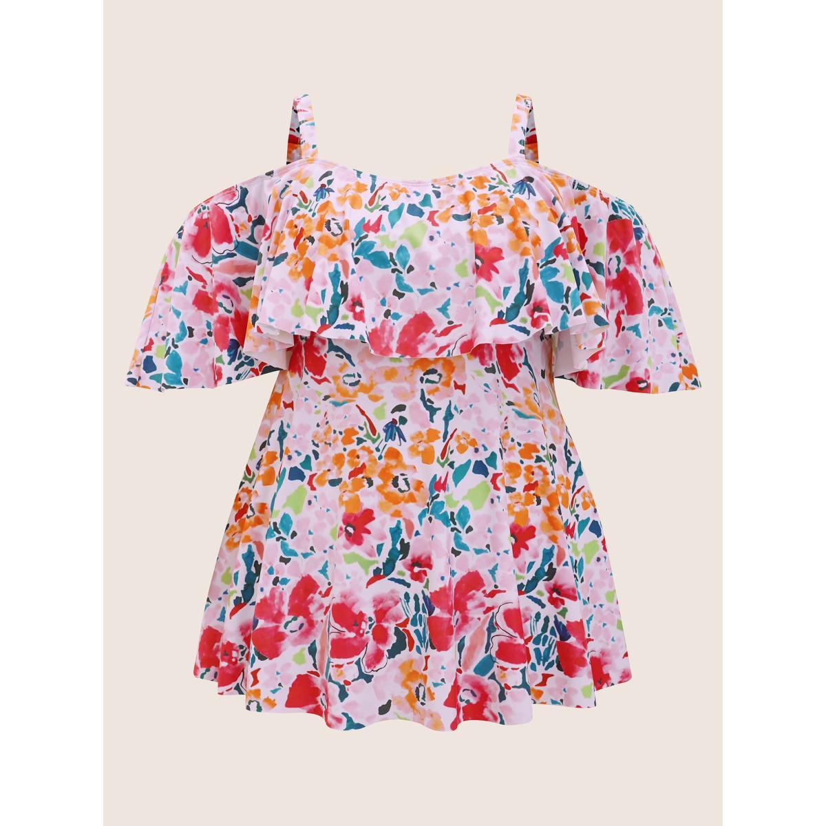 Plus Size Tropical Adjustable Straps Cold Shoulder Ruffles Trim Swim Dress Women's Swimwear Peach Beach Bodycon One-shoulder neck High stretch Curve Swim Dresses BloomChic 12/L Product Image