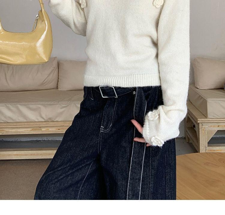 One Shoulder Plain Crochet Floral Sweater Product Image
