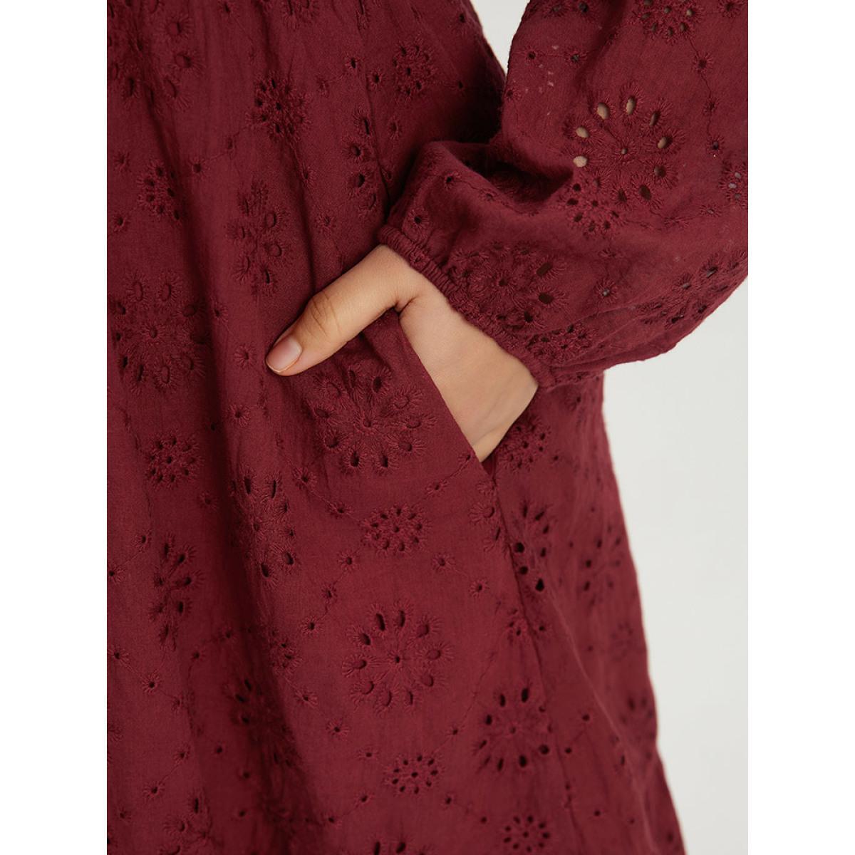 Plus Size Plain Geometric Eyelet Notched Lantern Sleeve Dress Burgundy Women Vacation Elastic cuffs Notched collar Long Sleeve Curvy Midi Dress BloomChic 12/L Product Image