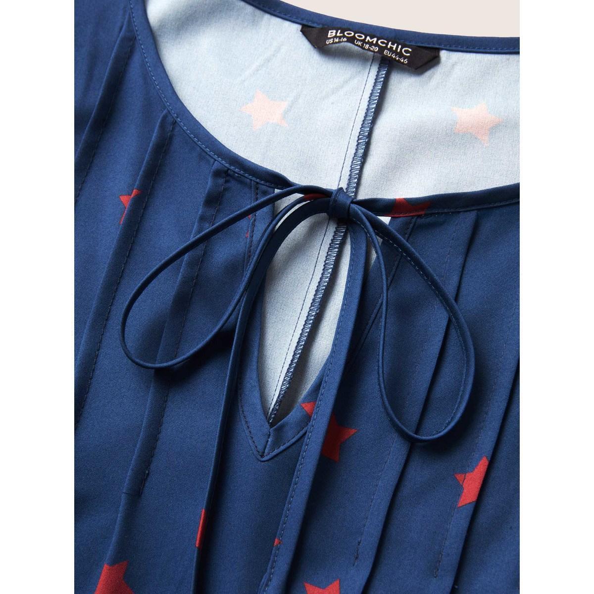 Plus Size Star Pleated Tie Knot Ruffle Sleeve Dress Mediumblue Women Casual Notched collar Short sleeve Curvy BloomChic 30/6X Product Image