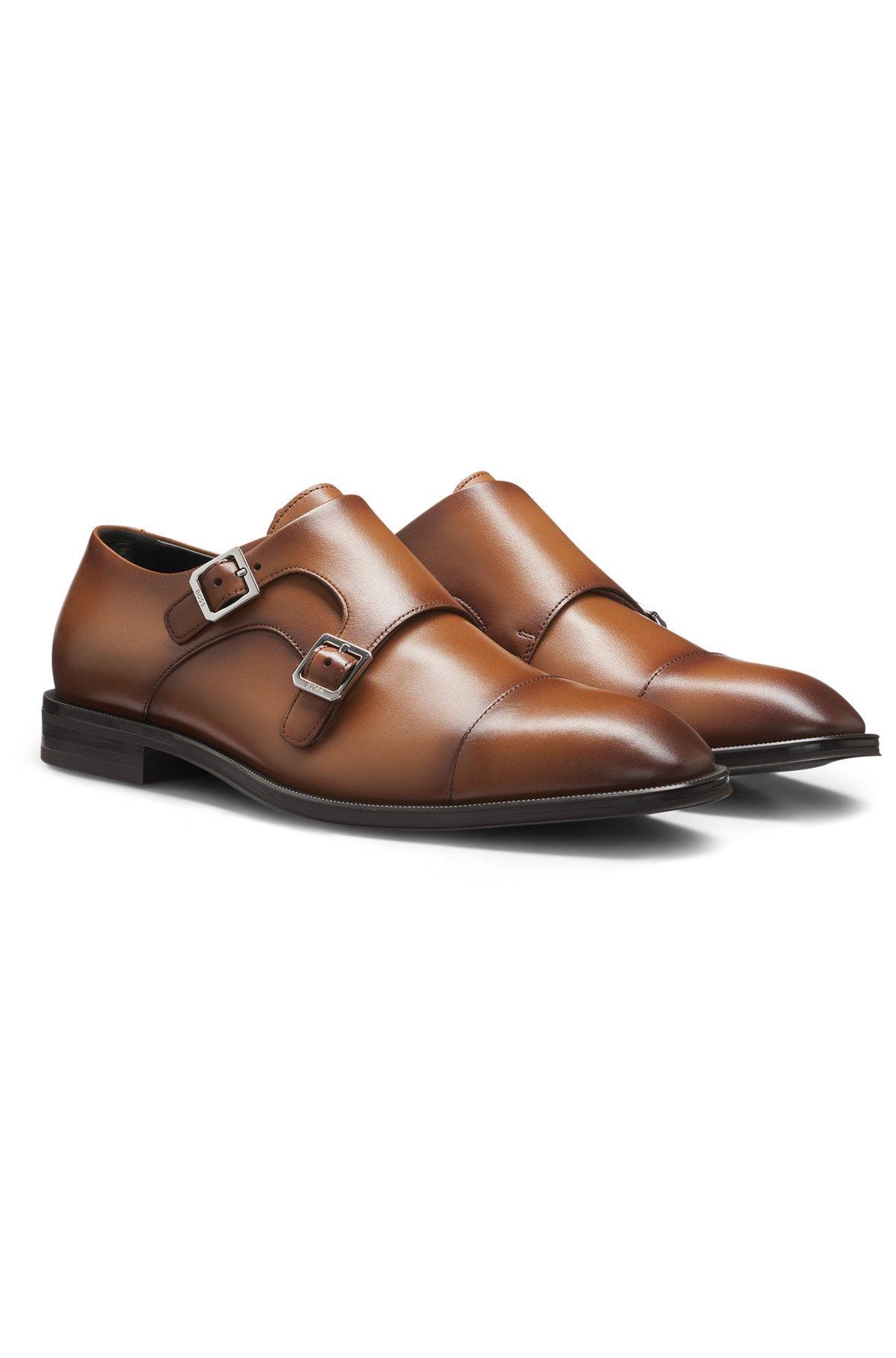 BOSS - Leather double-monk shoes with cap toe - Brown Product Image