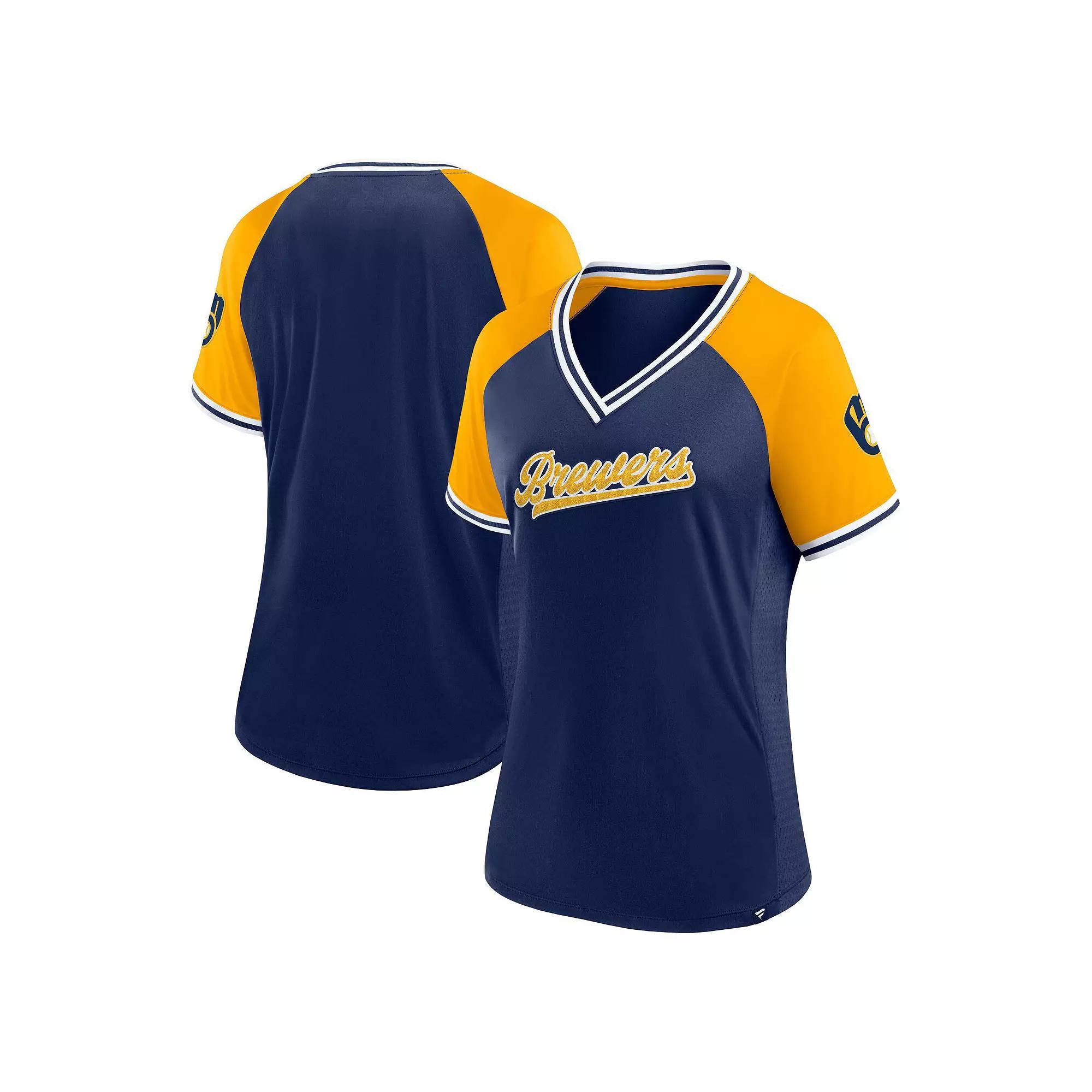 Women's Fanatics Navy Milwaukee Brewers Glitz & Glam League Diva Raglan V-Neck T-Shirt, Size: XS, Blue Product Image