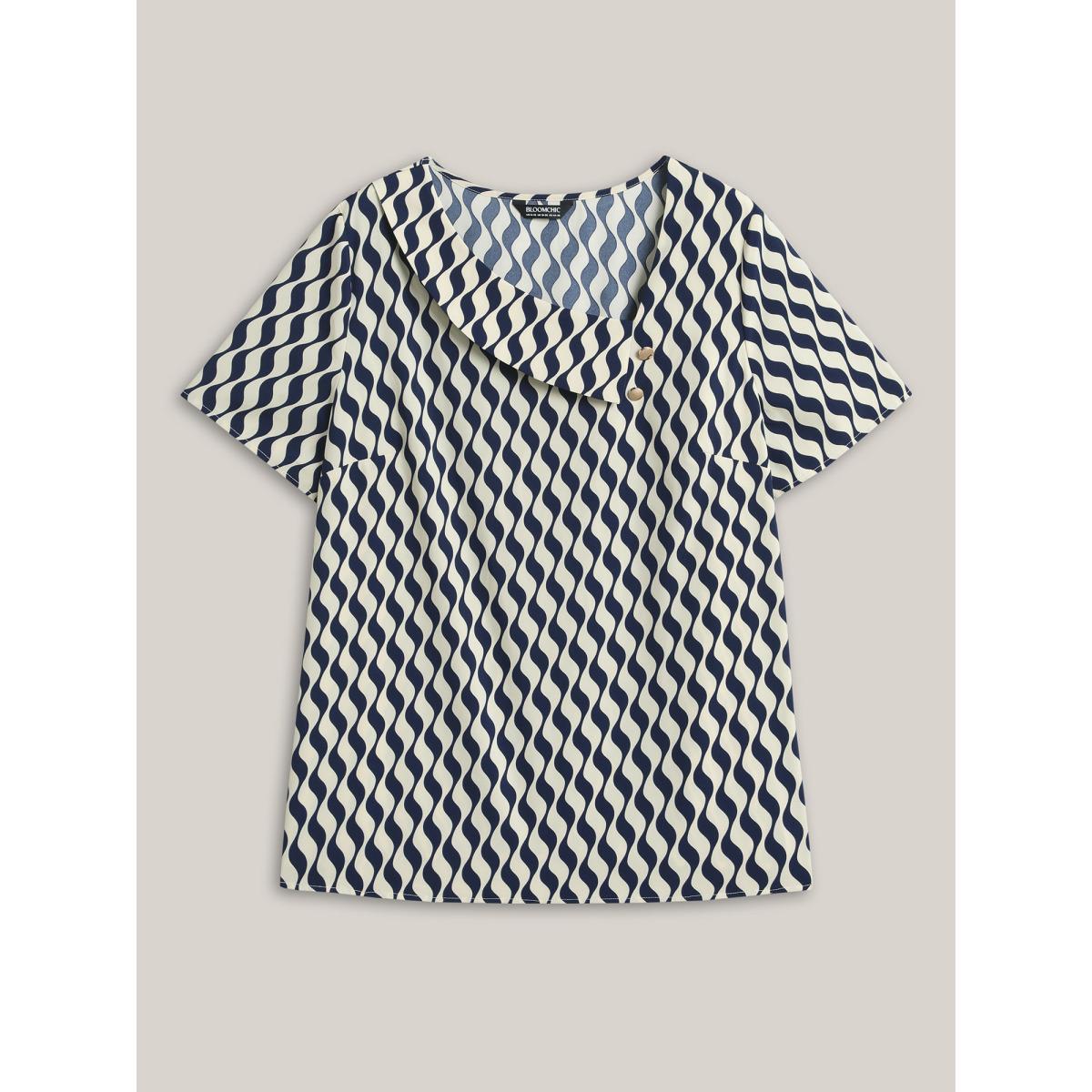 Plus Size Indigo Wavy Print Asymmetrical Neckline Blouse Women Short sleeve Asymmetrical Neck Work Blouses BloomChic 14-16/1X Product Image