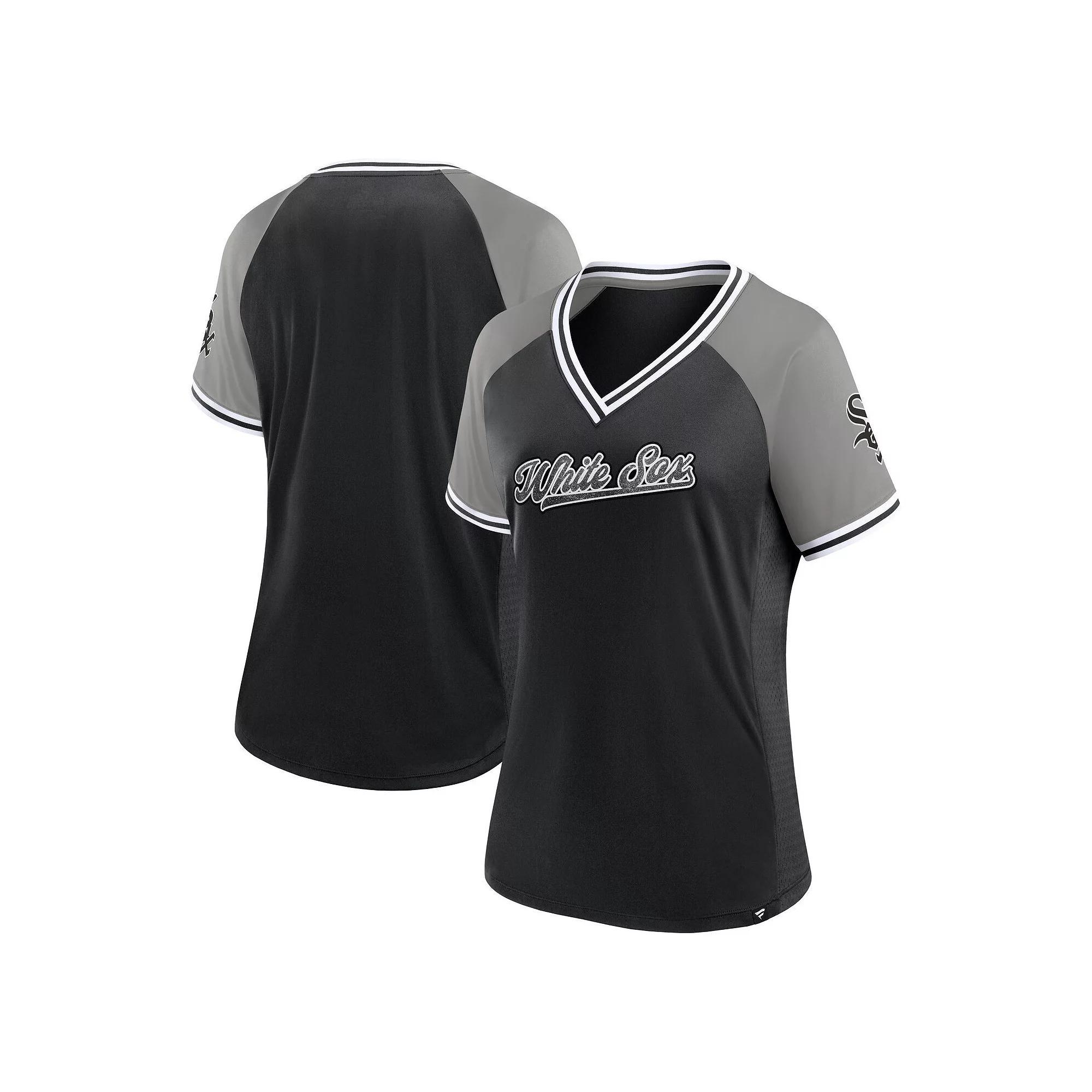 Women's Fanatics Black Chicago White Sox Glitz & Glam League Diva Raglan V-Neck T-Shirt, Size: 2XL Product Image