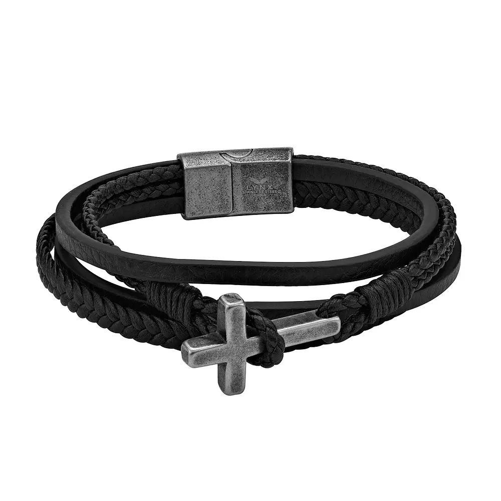 LYNX Men's Antiqued Stainless Steel Multistrand Black Leather Bracelet, Size: 8.5" Product Image