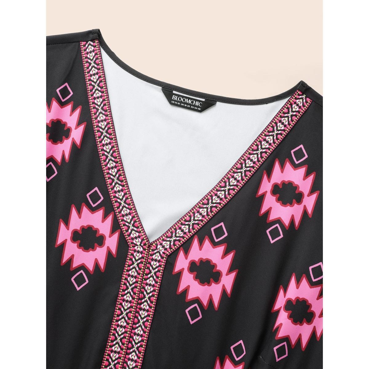 Plus Size V Neck Bandana Print Elastic Waist Dress Black Women Resort Gathered V-neck Elbow-length sleeve Curvy BloomChic 10/M Product Image